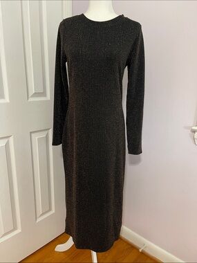 Black Loft Metallic Rib Knit Long Sleeve Midi Dress
